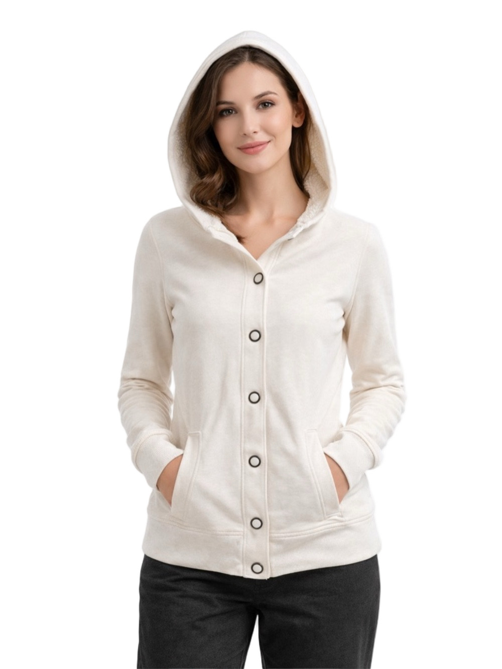 So cream button down hooded sweat shirt